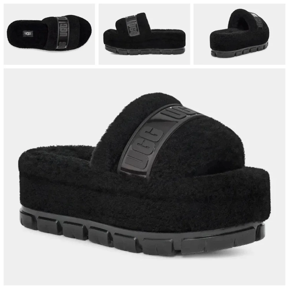 NIB UGG Australia Fluffita 9 40 Black Clear Platform Slide Slipper Sandals - Picture 2 of 12